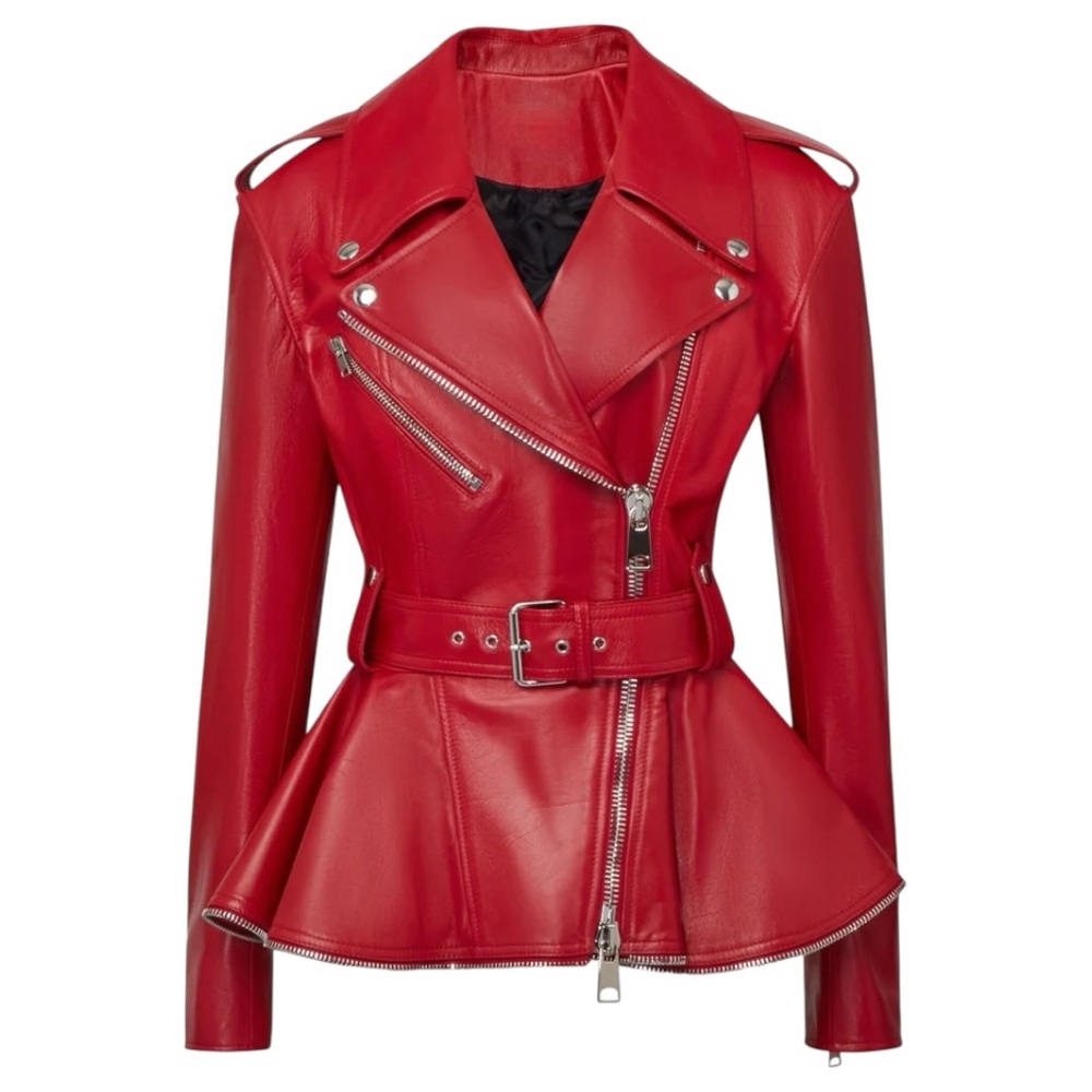 Madonna & Co Luxe Zip Leather Peplum Biker Moto Jacket, Welsh Red, Size L, NWOT